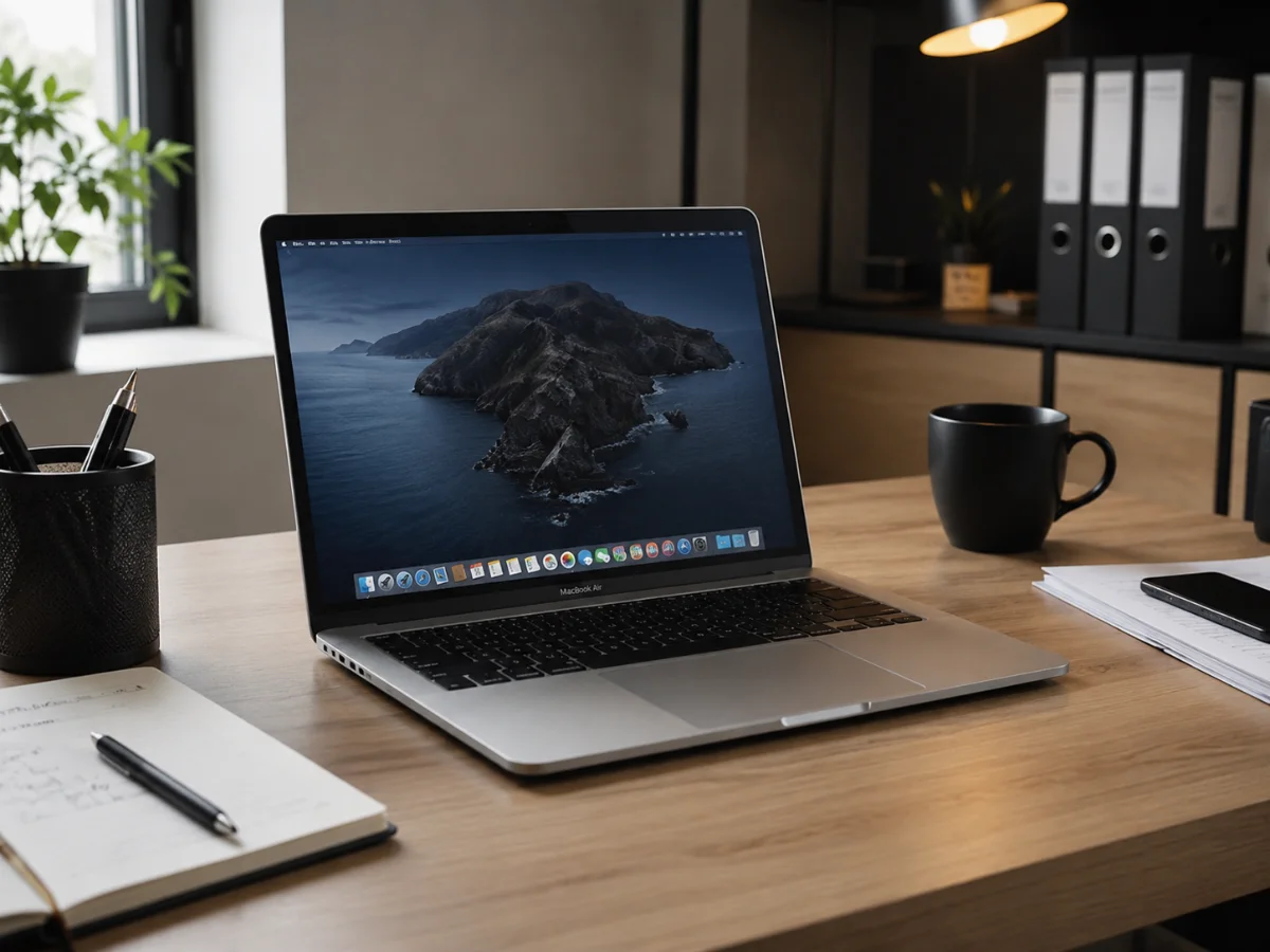 Aufgeklappter MacBook auf einem Holzschreibtisch in einem hellen Büro – Symbol für professionelles Webdesign
